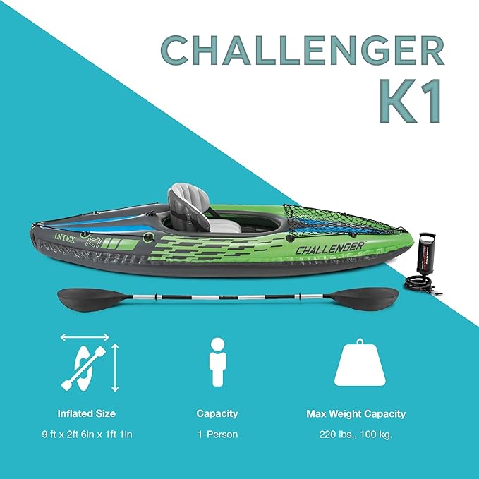 Intex Challenger K1 1 Person Durable Vinyl Streamline Sporty Kayak with Inflatable Seat and Backrest, Oar, Pump, Carrying Bag, and Repair Kit (2 Pack)