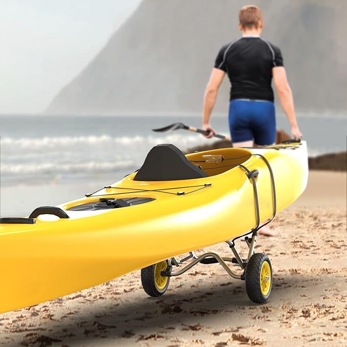 Bonnlo Boat Kayak Canoe Cart Carrier Dolly Trailer Tote Trolley Transport Kayak Accessories Large with 20x2mm Aluminum Pipe Double Kickstands, Inflation Free Solid Tire Wheels, 2 Ratchet Straps