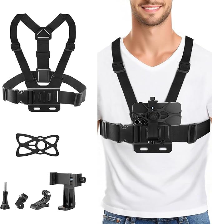 Chest & Head Mount Kit for Action Cameras and Smartphones – Hands-Free POV Recording for GoPro, Insta360, DJI Osmo, AKASO, SJCAM, CAMPARK, Crosstour, APEMAN, WOLFANG, Apexcam, COOAU, Surfola