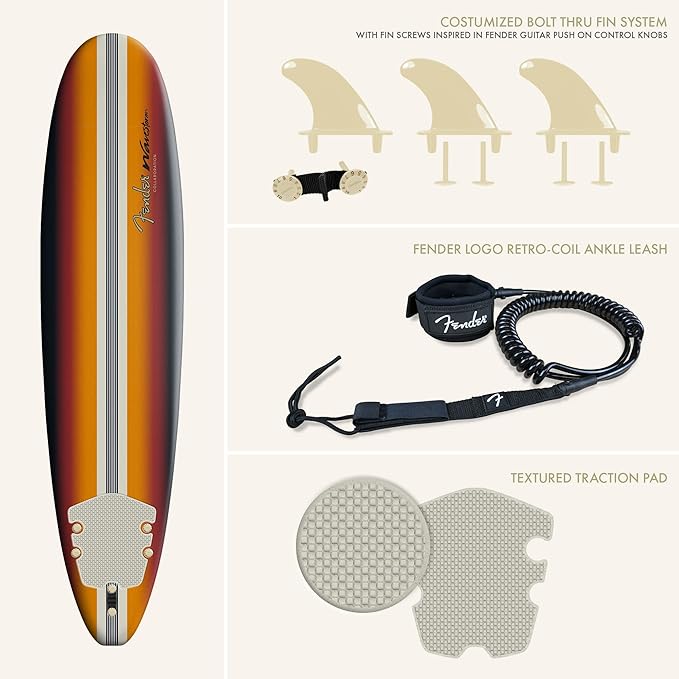 Fender x Wavestorm Collaboration 8ft Surfboard | Graphic top Deck with high Density Slick Bottom | for Kids and Adults | Foam Construction with Accessories | Leg Leash and Fin Set Included