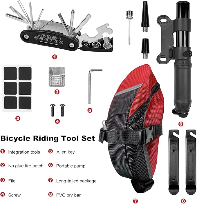 Bicycle Seat Bag Water Proof with Bike Tool Kit, Bike Repair Kit with Bike Tire Pump Red Bicycle Repair Kits Portable Wrenches Glueless Tire Patchs 15 in 1