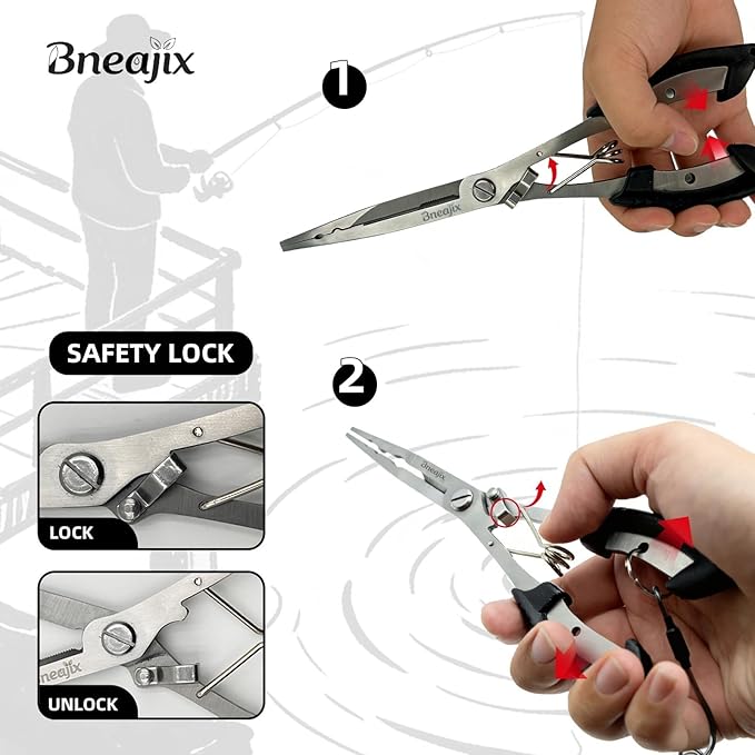 Professional 8.4 Inch Fishing Pliers with Safety Lock, Multi-Function Long Nose Hook Remover, Line Cutter, Crimper, Rustproof Stainless Steel Fishing Tool for Saltwater & Freshwater