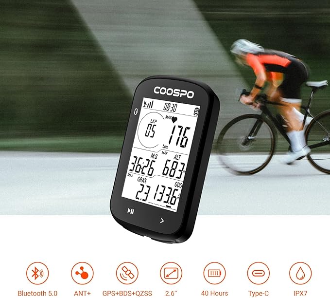 COOSPO CS300 GPS Bike Computer, Wireless Cycling Computer with 2.6 Auto-Backlight LCD Screen, Bluetooth5.0 ANT+ HR/S&C/Power Sensor Compatible, Bicycle GPS Computer for Road/Mountain Bike