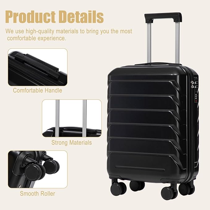 20 Inch ABS Hard Shell Travel Checked Luggage With Combination Lock, Black