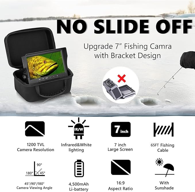 [FishPRO® 2026 Upgrade] Underwater Fishing Camera - [No Slide Off] 7'' Ice Fishing Camera Underwater 1200TVL w/Bracket,12pcs IR + 12pcs LED, 4,500mAh, Portable Fish Finder Ice Fish Gifts for Men, 65ft
