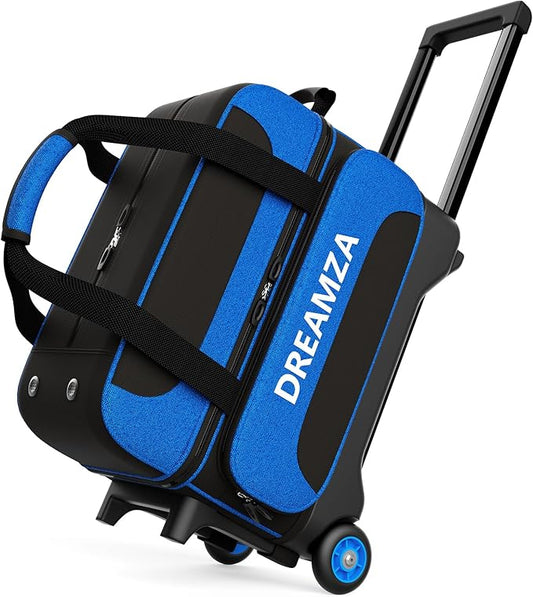 2 Ball Bowling Bag with Wheels, Double Bowling Ball Bag 2 Ball Roller w/Separate Compartment for Shoes Up to US Mens Size 16, w/Retractable Handle Extends to 40" & Accessories Pocket