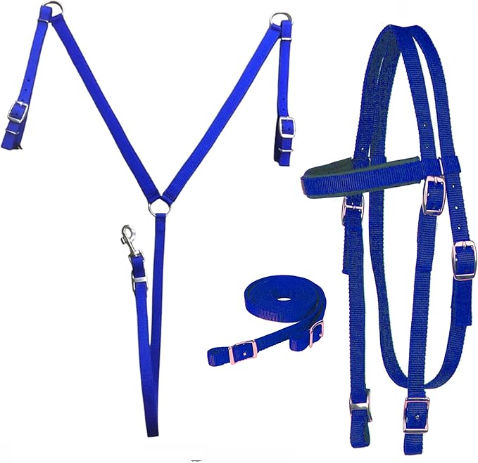 Majestic Ally Nylon Padded Equestrian Browband Headstall, Reins & BreastCollar Set for Horse- Full