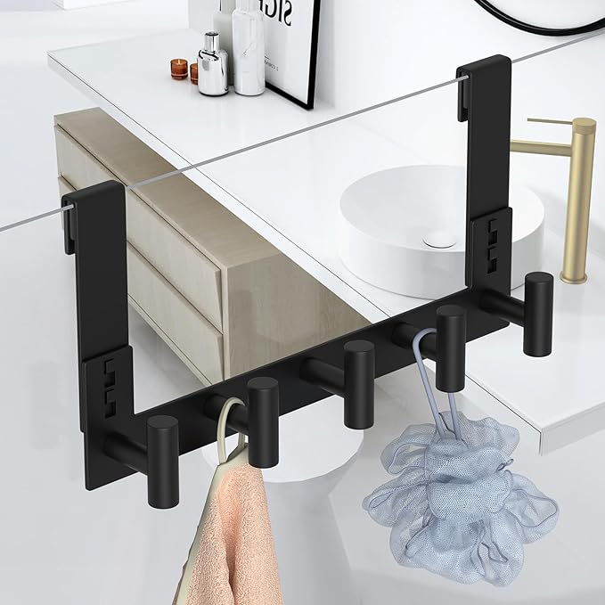 Extended Robe Door Hooks, Heavy Duty Stainless Steel Towel Hooks for Frameless Glass Shower Doors, Towel Hanger Rack, Shower Hooks for Bathroom (Black, 1 Pack)