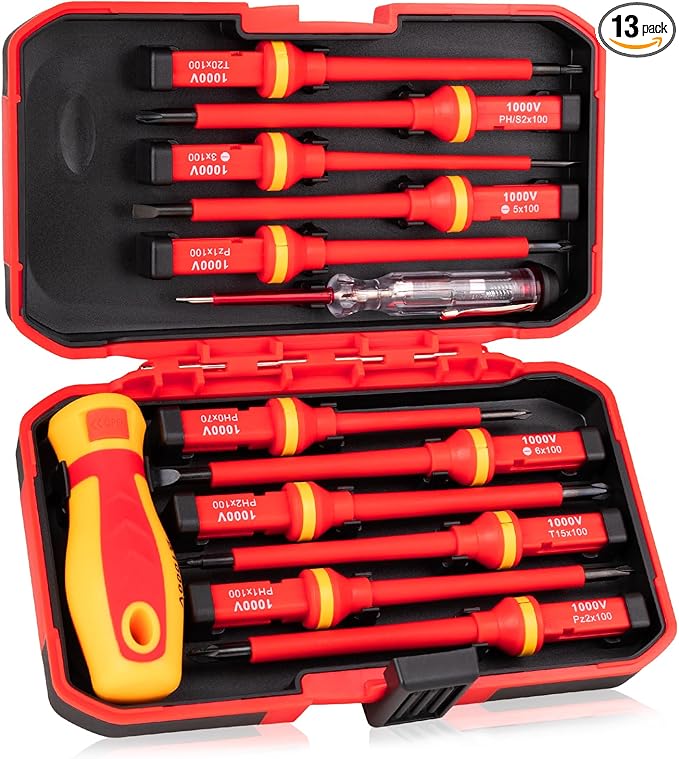 13PCS 1000V Insulated Screwdriver Set, S2 Steel, Magnetic Tips, PP + TPR Grip, GPSR Certified for Electrician Tools & Industrial Use