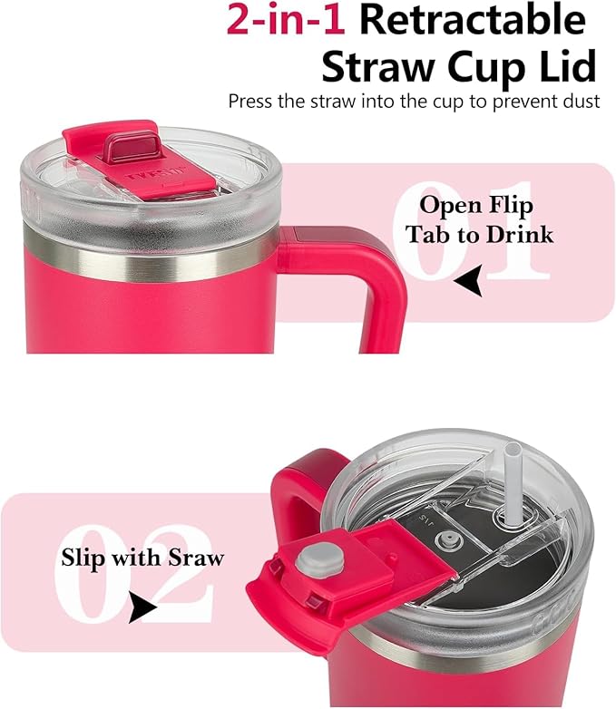 TYESO Vacuum Insulated Tumbler Water Bottle Cold Insulation Stainless Steel Bottle Straw Handle Mug Double Wall Wide Mouth (ROSE RED, 30 oz)