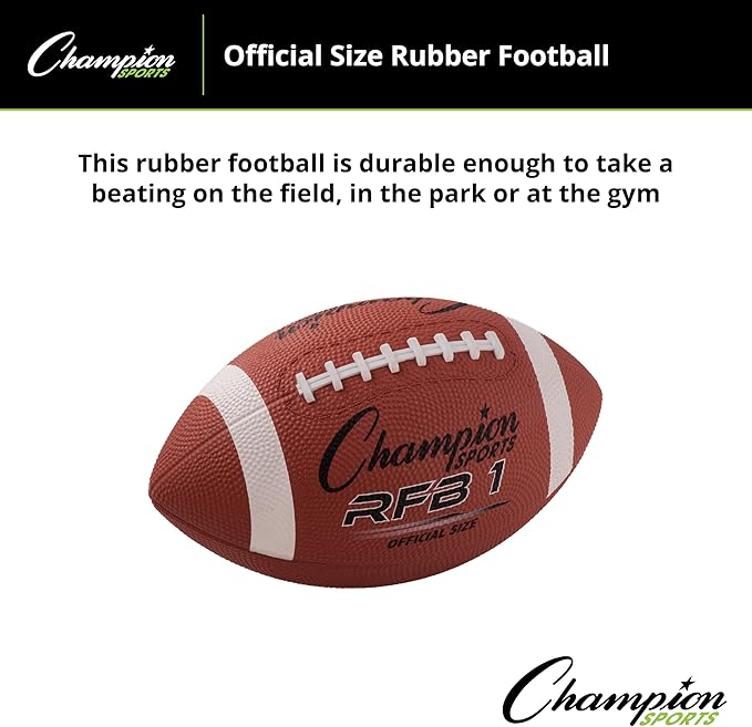 Champion Sports Rubber Football – Durable All-Weather Football with Enhanced Grip - Backyard Play & Training – Pee Wee to Official Sizes