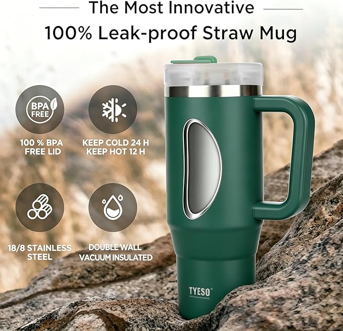 TYESO Vacuum Insulated Tumbler Water Bottle Cold Insulation Stainless Steel Bottle Straw Handle Mug Double Wall Wide Mouth (DARK GREEN, 40 oz)