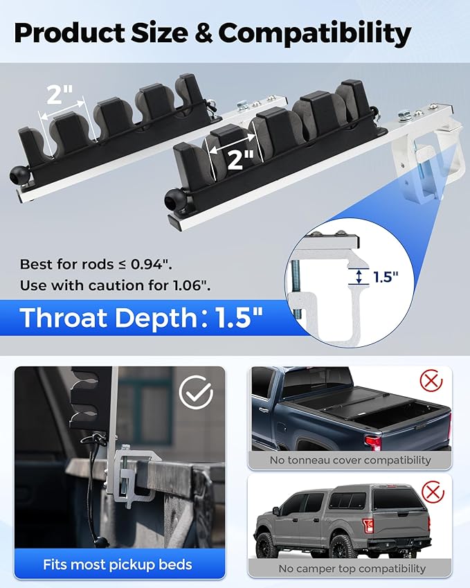 トラックの荷台用アルミニウム製釣り竿ホルダー、釣り竿4本収納可能、ピックアップトラックの荷台用釣り竿ホルダー、トラックオーナー、釣り、アウトドア、お父さん、家族へのギフト
