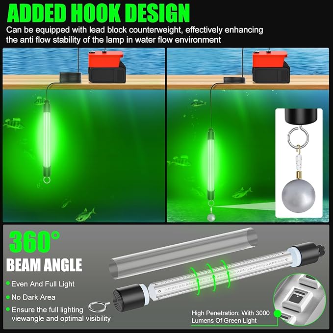 Underwater Fishing Light Compatible for Milwaukee 18V Battery，LED Green Light for 30W IP68 3000 Lumens Fish Attracting, Night Fishing for Docks Boats or Kayaks(no Battery)