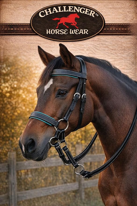 CHALLENGER Horse Western Leather Teal Padded Bitless Sidepull Bridle Reins 77RS33TL-F