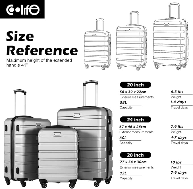 Coolife Luggage 3 Piece Set Suitcase Spinner Hardshell Lightweight TSA Lock (sliver, 20/24/28)