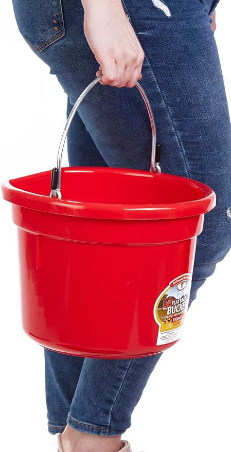 Little Giant® Flat Back Plastic Animal Feed Bucket | Animal Feed Bucket with Metal Handle | Horse Stall Feeding and Watering Supplies (Red, 8 Quart)