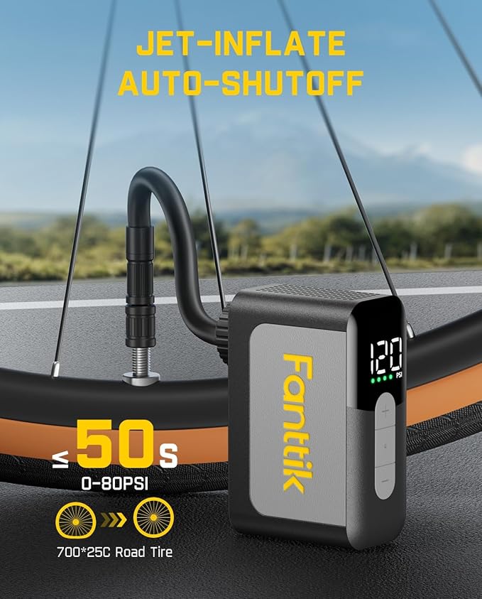 Fanttik X10 Ace Mini Bike Pump with Gauge, 120PSI Electric Tiny Bike Pump with Presta and Schrader Valve, Auto Stop, Fast Inflation for Road Bike（4.23oz