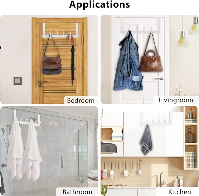 Over The Door Hooks, Door Hanger Hooks for Hanging, Over The Doors Towel Racks for Bathroom with 12 Coat Hook, Coat Rack Bathroom Accessories（1 Pack, White）