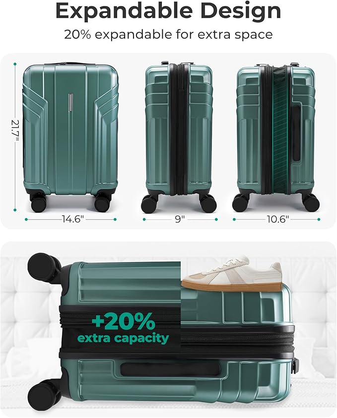 BAGSMART 拡張可能機内持ち込みスーツケース 22x14x9 航空会社承認済み 100%PC 軽量ハードシェル 20インチキャリーケース スピナーホイール付き オリーブグリーン