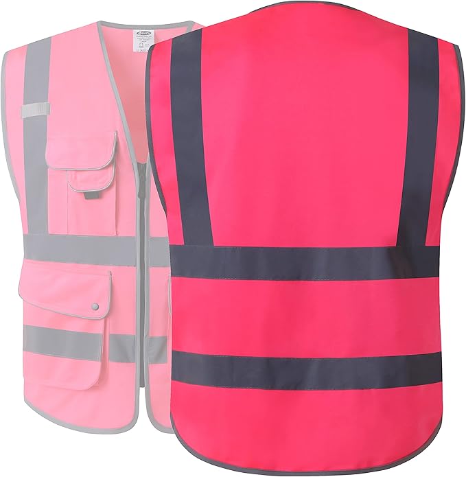 JKSafety 9 Pockets Class 2 High Visibility Zipper Front Safety Vest With Reflective Strips, Meets ANSI/ISEA Standards (XX-Large, 150-Pink)