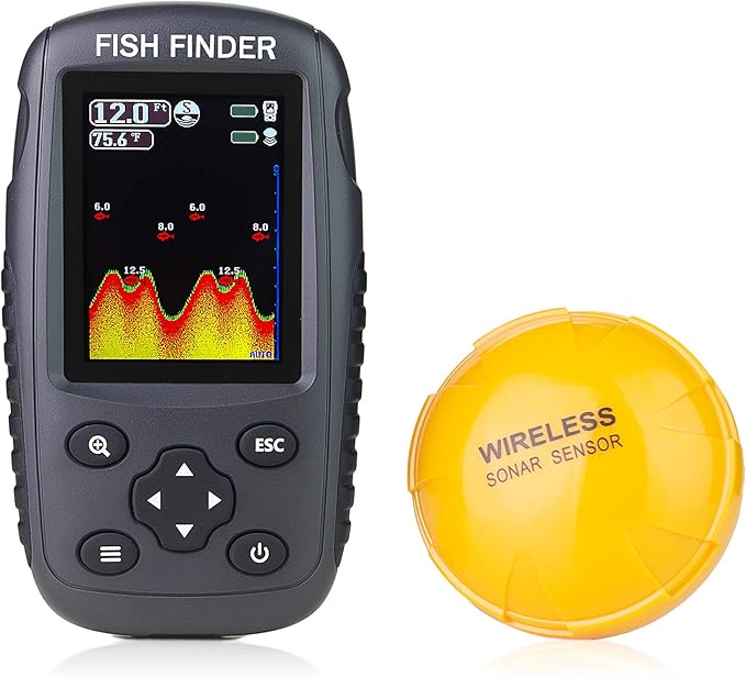 Portable Rechargeable Fish Finder Wireless Sonar Sensor Fishfinder Depth Locator with Fish Size, Bottom Contour, Color LCD Display