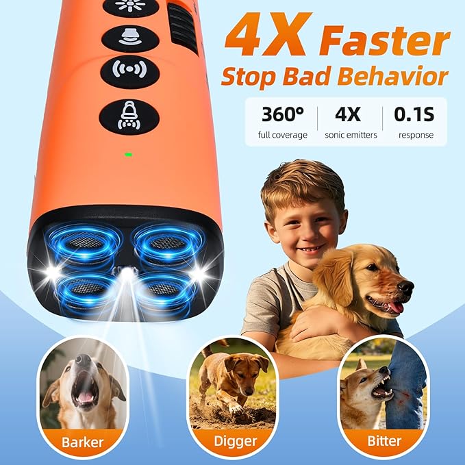 4X Ultrasonic Dog Bark Deterrent Device, 2026 Newest Stop Neighbors Dog Barking, 4 Nozzles Up 90% Efficiency, 3 Modes Humane Training Tool with Flashlight , Safe for Pet Indoor Outdoor（Orange）