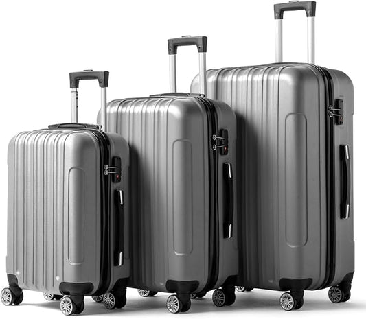 Karl home Luggage Sets 3 Piece, Hardside Carry on Suitcase Sets with Spinner Wheels & TSA lock, Portable Lightweight ABS Luggages for Travel, Business - Silver, 20/24/28in