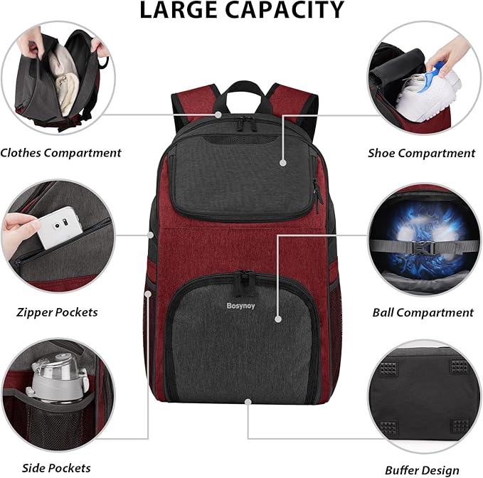 Bosynoy Bowling Backpack, Bowling Ball Bag Totes for Single Ball with Shoe Compartment & Foam Padded, Fits Shoes Up to US Mens Size 16, Grey
