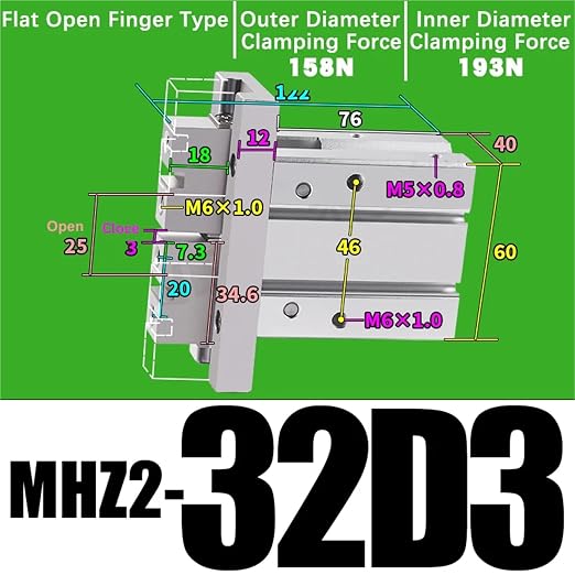 1PCS MHZ2 Pneumatic Finger Cylinder Parallel Gripper MHZ2-10/16/25/32/40D1/D2/D3 Side Thread Aluminium Clamps(MHZ2-32D3)