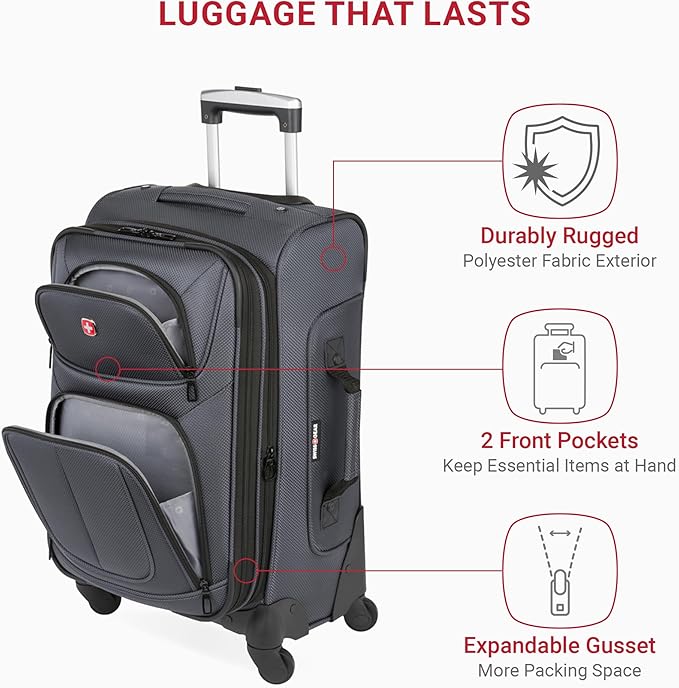 SwissGear Sion Softside Expandable Luggage – Carry-On Suitcase with 360 Degree Wheels & Retractable Handle – 21 Inch, Perfect for 1-3 Night Trips – Dark Gray