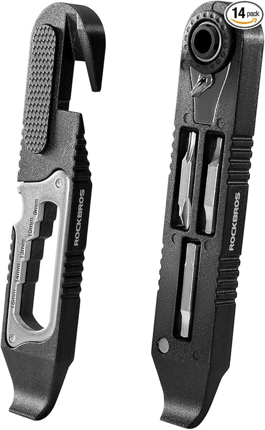 ROCKBROS Bike Tire Levers Kit - 14 IN 1 Portable Bike Multitool with Mini Ratchet Wrench, Bike Tire Levers, Cone Wrenches & File Blade for MTB, Road Bicycle