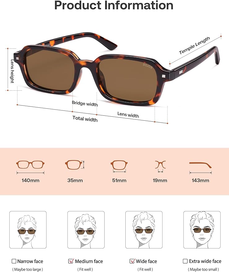 SOJOS Trendy Rectangle Polarized Sunglasses Womens Mens, Small Retro Fashion Thin Slim Square Sunnies SJ2610