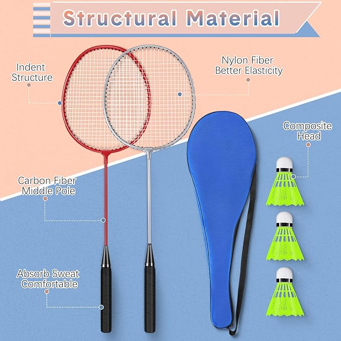 12 Pack Badminton Rackets Set Including Badminton Racquets, Nylon Shuttlecocks and Carry Bag for Outdoor Backyard Games Beginners
