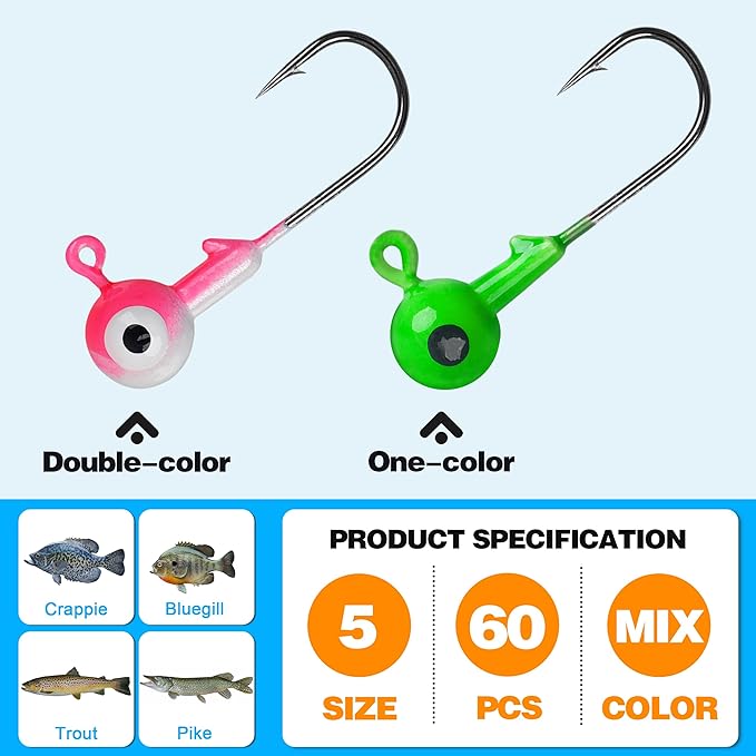 OROOTL Fishing Jig Heads Hooks Set, 60pcs Assorted Round Jig Head with 3D Eyes Painted Jig Heads for Crappie Bass Walleye 3/8oz 1/4oz 1/8oz 1/16oz 1/32oz Saltwater Freshwater Fishing Tackle Kit