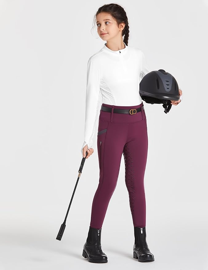 FitsT4 Sports Girls Riding Pants Full Seat High Waist Kids Equestrian Breeches Horse Schooling Tights Zipper Pockets