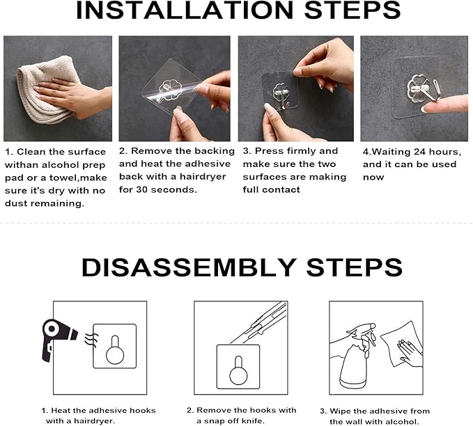 ZESLMG Adhesive Wall Hooks No Damage for Hanging, 36 Pack Large Self Sticky Hooks Heavy Duty 44lb Removable, Clear Hook for Shower Towel Coat Key Picture Wreath Outdoor Bathroom Kitchen, Waterproof