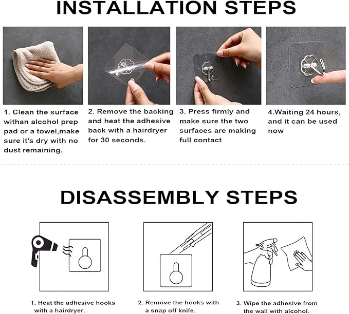 ZESLMG Adhesive Wall Hooks for Hanging, 48 Pack Self Sticky Hooks Heavy Duty 22lb Clear, Removable Shower Hook No Damage for Towel Key Coat Wreath Picture Outdoor Ceiling Bathroom Kitchen, Waterproof