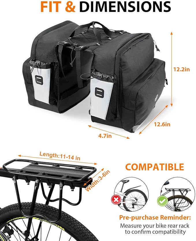 NDakter Bike Panniers, 30L Waterproof Panniers Bike Bags for Rear Rack, Expandable Double Bicycle Trunk Saddle Bag with Reflective Strips,E-bike Accessories for Commute and Mountain Cycling Travel