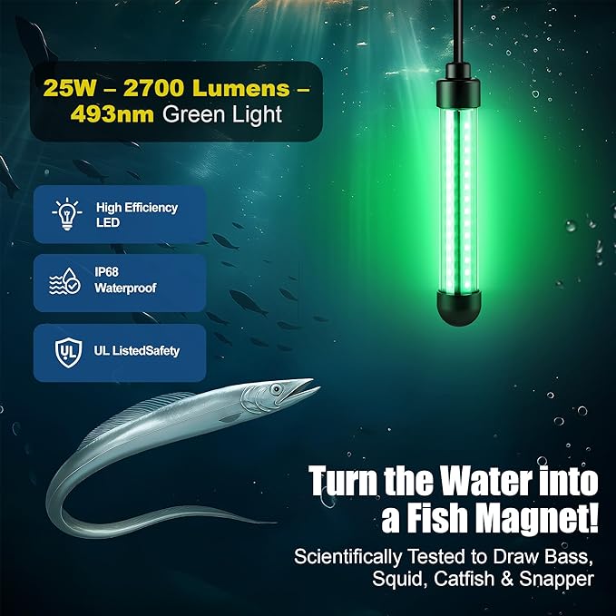 水中集魚灯、25W 2700LM グリーン集魚灯、IP68高効率LED集魚ランプ、UL認証済み32.8フィートケーブル、ボート、桟橋、カヤック用防水水中ランプ