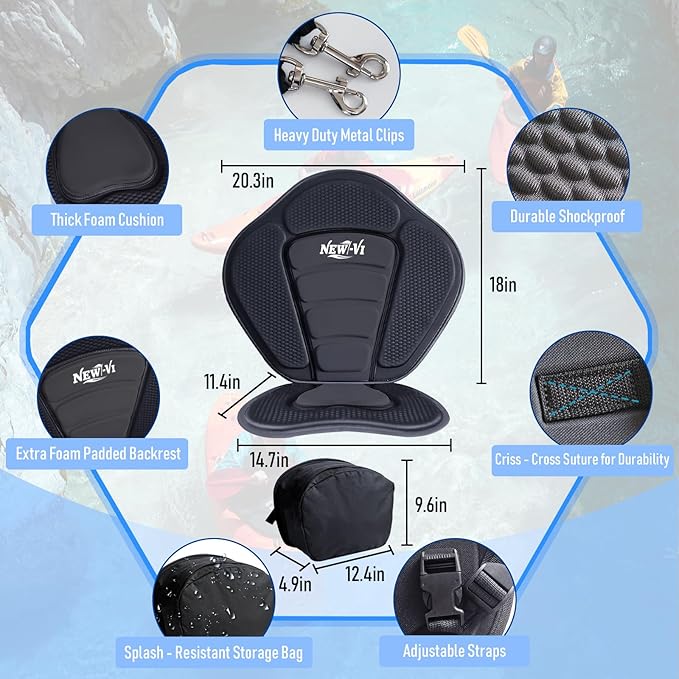 NEW-Vi Universal Deluxe Detachable Kayak Seat Paddle Board Seat Canoe Seat Kayak Seats with Back Support, 4 Adjustable Straps High Back Support, Form-Fitting for Kayaks SUP Fishing Boat Rowboat