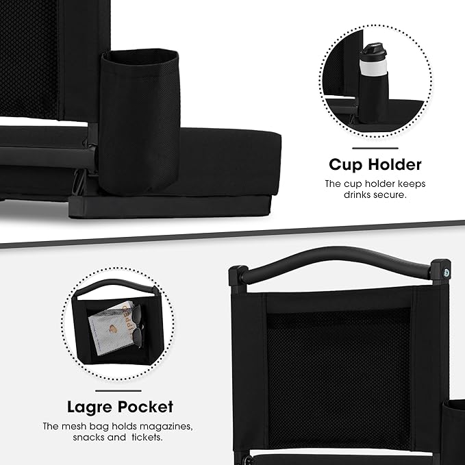 Fragess Bleacher seat, Stadium Seats with Back Support and Thick Cushion, Bleacher Chairs with Shoulder Strap and Side Pocket, Stadium Seat for Bleachers, Perfect for Sports Events(Black)