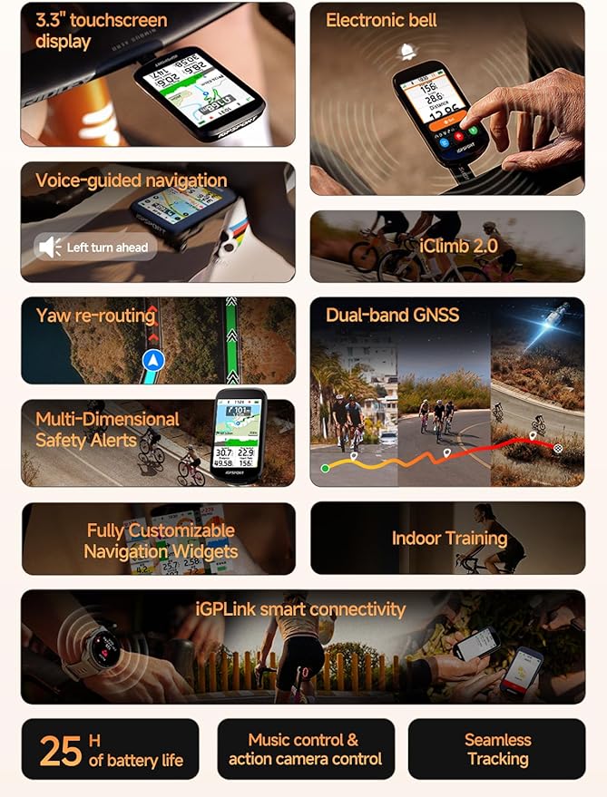 iGPSPORT BSC500 GPS Bike Computer, 3.3'' Touchscreen MAP & Voice Navigation Ebike Mode Climb Training Function
