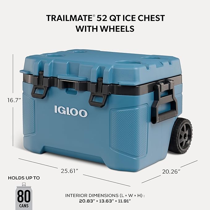 Igloo Trailmate 52Qt ホイールクーラー、断熱ハードシェルアイスチェスト、モダンブルー