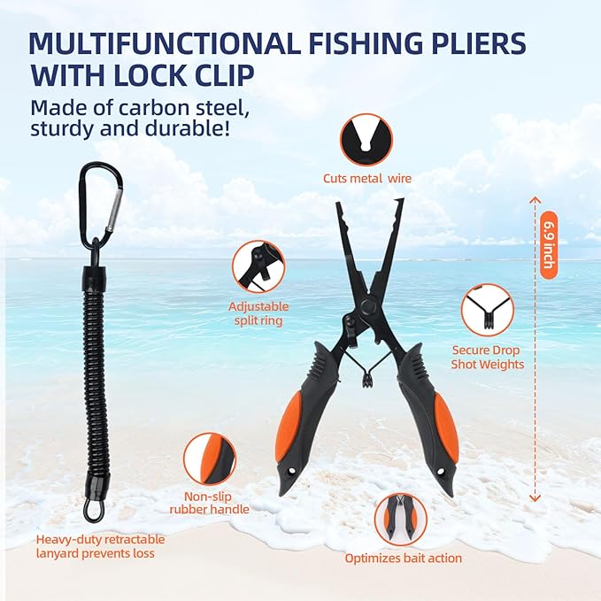 RAWILL Fishing Kit,Filleting Knife,Hook Remover,Fish Grip, Line Cutter,Fishing Scale, Pliers with Lanyards,Not Include Batteries