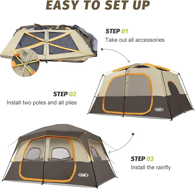 UNP 2/4/6/8 Person Tent, Portable Cabin Tent, Camping Tent 4-Person Easy Set Up, Waterproof with Top Rainfly for Outdoor Camping/Hiking