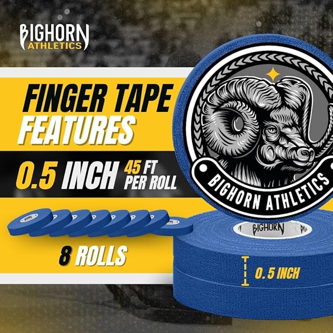Bighorn Athletics Jiu Jitsu Finger Tape, Rock Climbing Tape | Multipurpose for Sports & Injuries: MMA, Volleyball, Football, Basketball, Tennis, Golf, Hands & Toes, 0.5-Inch x 45-feet, 8-Rolls, Blue