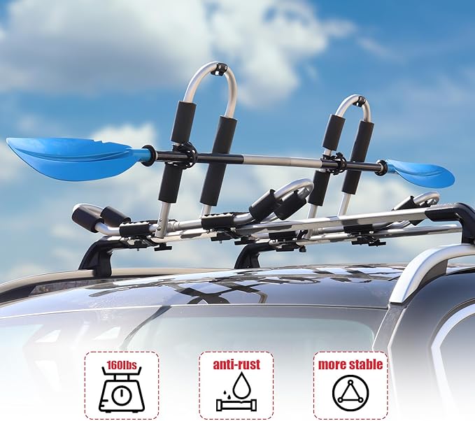 FORWODE 2 Pairs Kayak Roof Rack, 2 in 1 Aluminum Folding J-Bar Roof Rack with 2 Sets Ratchet Tie Straps for Kayak Canoe Boat Surf Ski on SUV Car Truck Crossbar