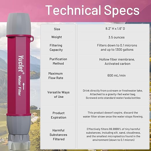 YWF01 パーソナル浄水ストロー 携帯用浄水器 サバイバルギア キャンプ ハイキング 旅行 緊急時の備えに (プラムレッド、2個パック)