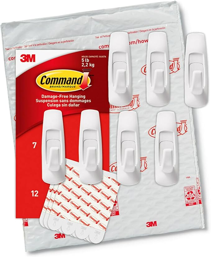 Command 5 lb Large Utility Hooks, 7 Hooks and 12 Strips, Damage-Free Hanging Wall Hook with Adhesive Strips, No Tools Required, Great for Home Kitchen Office Organization | 12-Strips, Organize, Damage-Free